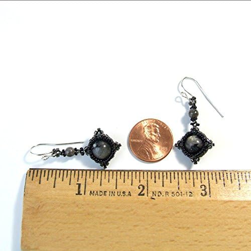 Dark Grey Larvikite Beaded Drop Earrings, Sterling Silver