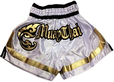 Woldorf USA MMA Boxing Muay Thai Shorts in Satin white black Gold cutt letters