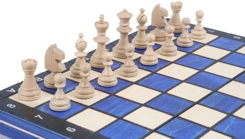 Wooden Magnetic Travel Chess Set with Blue Chess Board and Storage Compartment