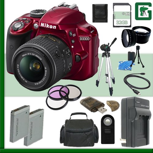 Nikon D3300 24.2 MP CMOS DSLR Camera Kit Bundle with Accessories (Red) (21 Items)