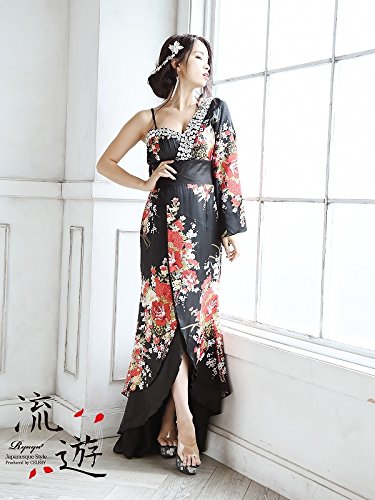 【流遊】キャバ花魁!艶美サテンワンショル和柄ロングドレス 尾崎紗代子 着用ドレス【Ryuyu】キャバクラ着物ドレス(Mフリーサイズ)(ブラック)*410235