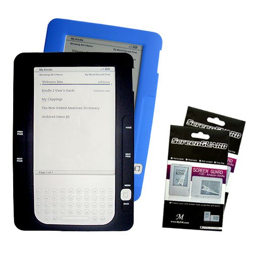 Black + Blue Color (2 Packs) Amazon Kindle 2 E-Book Reader Silicone Rubber Skin Case + 2 Packs Kindle2 Anti Scratch LCD Screen Protectors