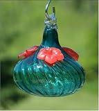 Teal Blue Glass Swirl Hummingbird Feeder with How To Attract Hummingbirds Booklet