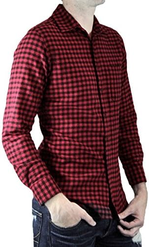 Mens Flannel Checker Shirts Plaid Long Sleeve Trim Fit NMT0008 (Small)