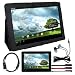 Skque Leather Cover Case (Black) + Screen Protector Clear + Stylus Pen + Headphone + Micro HDMI Cable 6ft for Asus Transformer TF201 10.1 Inch Tablet