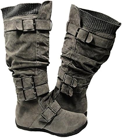 Womens Knee High Faux Suede Flat Winter Buckle Boots Gray Military Shoes