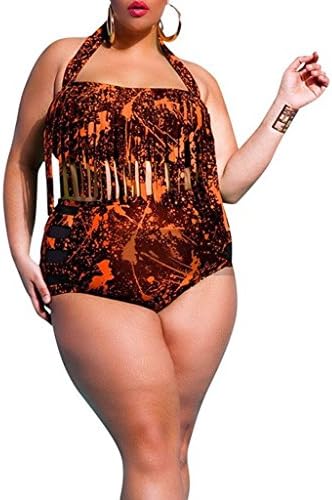 DGXH Womens Print High Waist Two Piece Tassel Swimsuits Plus Size Swimwear,Coffee,XL
