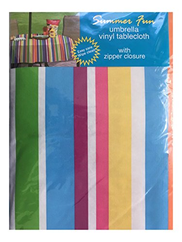 Summer Fun Flannel Back Vinyl Umbrella Tablecloths with Hole and Zipper- Bold Stripes - Assorted Sizes (60 x 84 Oblong)