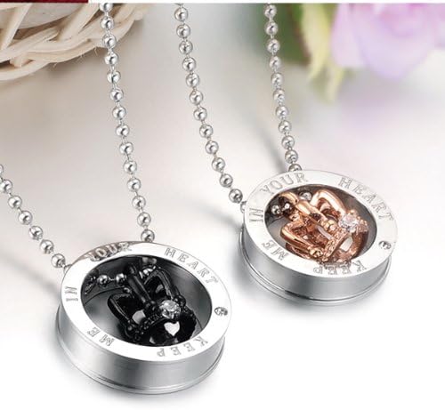 KAMOUR Jewelry Men,Women's Couple Stainless Steel Necklace Sets Keep Me In Your Heart Crown 2pcs His & Hers Pendant, Valentine's Gift, Silver Black & Silver Gold(with Gift Bag)