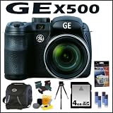 GE X500 16MP Digital Camera with 15X Optical Zoom and 2.7 Inch LCD with Auto Brightness Black + 4 GB Memory Card + Mini Tripod + Camera Case + Accessory Kit