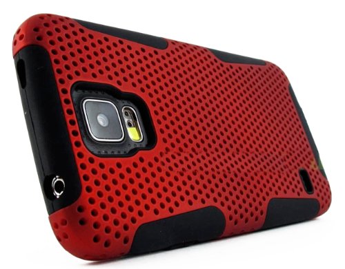 myLife Electric Crimson and Deep Black - Perforated Mesh Series (2 Layer Neo Hybrid) Slim Armor Case for the NEW Galaxy S5 (5G) Smartphone by Samsung (External Rubberized Hard Shell Mesh Piece + Internal Soft Silicone Flexible Gel)