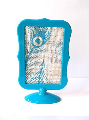 Earring Holder, Turquoise/ Teal Frame with Turquoise/ Teal Peacock Burlap