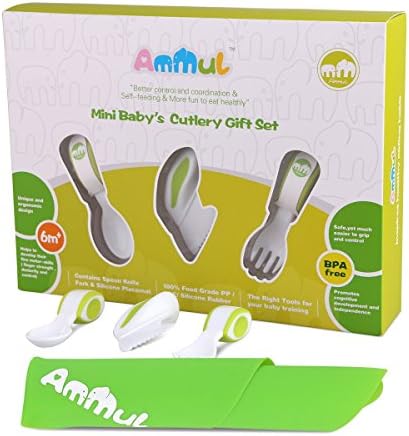 Ammul Mini Baby's Cutlery Gift Set Baby Training Fork &amp; Spoon &amp; Knife for toddlers feeding (Green)