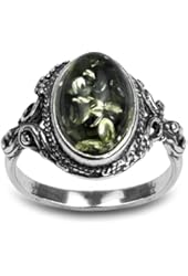 Sterling Silver Green Yellow Amber Oval Ring