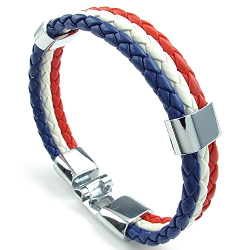 KONOV Mens Womens Feather Bracelet, French France Flag Cuff Bangle, Blue White Red, 8