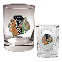 Chicago Blackhawks NHL Rocks Glass & Square Shot Glass Set - Primary Logo by Great American Products