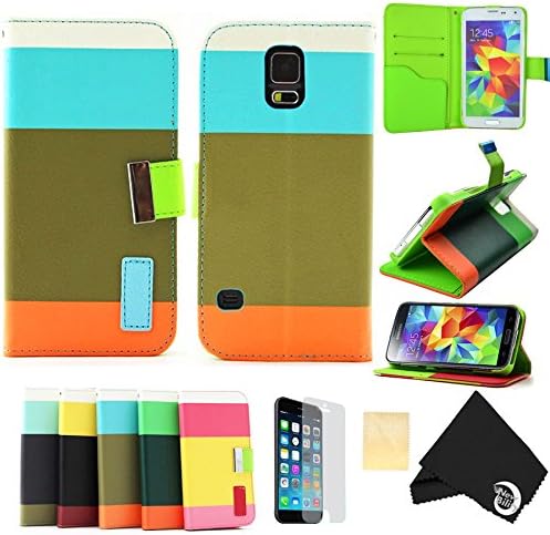 For Samsung Galaxy S5 SV Leather Flip Card Wallet Standing Case Cover Skin NEW (blue-olive-orange)