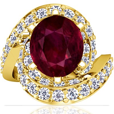18K Yellow Gold Oval Cut Ruby Ring With Sidestones (GIA Certificate)