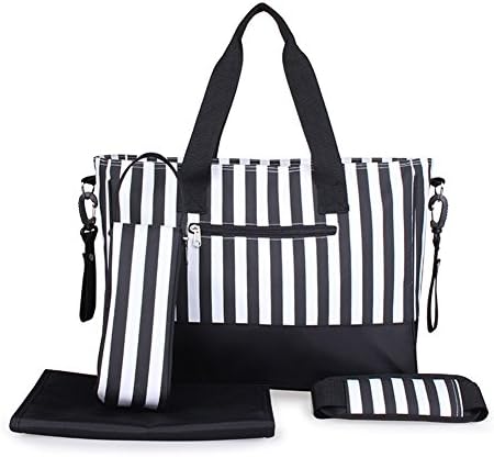 TOTRIP Stylish Diaper Tote Bag Set, Baby Satchel Crossbody Organizer Bag with Changing Pad and Shoulder Straps, Black and White Stripe