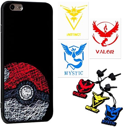 iPhone 6 Plus/ 6S Plus Case - Pokemon Go Theme [Pokeball Design] (1) + Audio Plug Charm Valor, Mystic &amp; Instinct (3) + 2" Decal for Each Team (3)