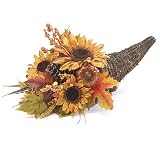 Autumn Cornucopia Rattan Planter with Silk Autumn Flowers,Pinecones,Pumpkins and Berries