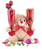 Happy Valentines Day, Chocolate Candy Lips and Conversation Jelly Beans Filled Heart Champagne Flutes for 2, Adorable Plush Teddy Bear, Red Roses Gift