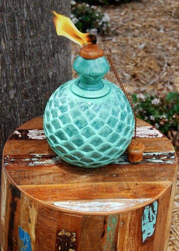 Mexican Clay Pottery Oil Lamp / Tiki Torch with Snuffer - Green Dahlia Design