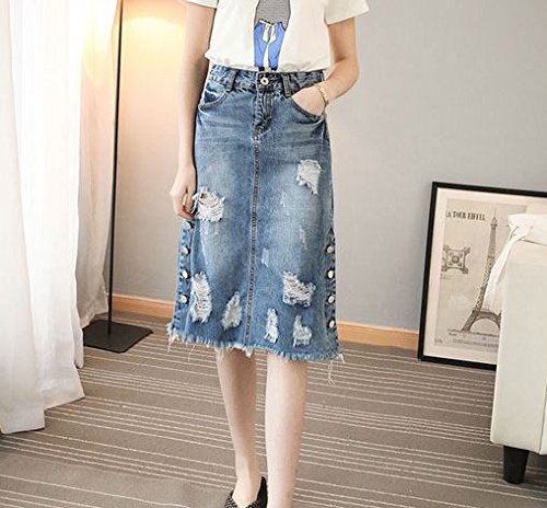 (ALLURE) デニム ダメージ クラッシュ スカート Aライン ペンシル タイト フレア ミモレ丈 ロング 切りっぱなし風 スカート ブルー AF0510