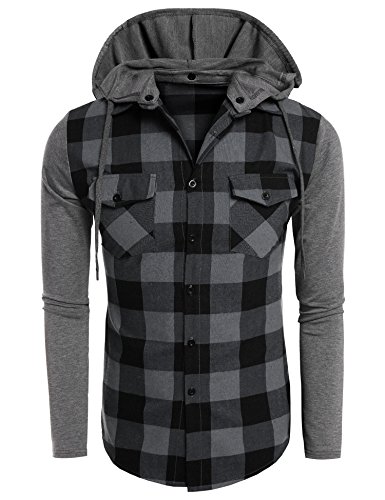Coofandy Men's Casual Long Sleeve Plaid Button Down Shirt Winter Hooded Shirts