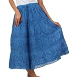 Sakkas Solid Embroidered Crochet Lace Trim Gypsy Bohemian Mid Length Cotton Skirt