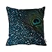 HLPPC ® Print Glittery Aqua Peacock Feather Pillow Case Square Decor Polyester Cushion Covers 16 x 16 Inches One Side