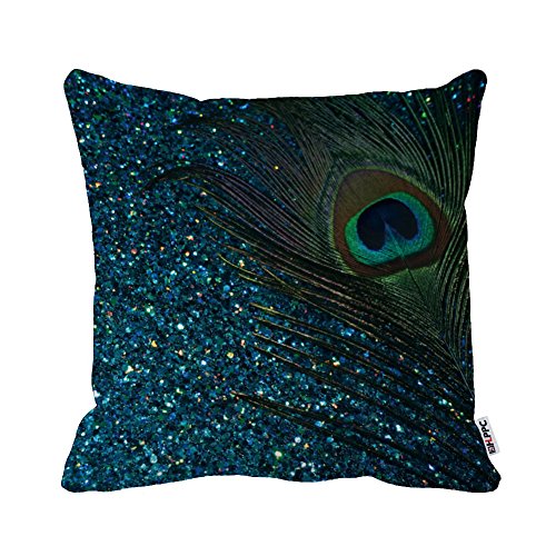 HLPPC ® Print Glittery Aqua Peacock Feather Pillow Case Square Decor Polyester Cushion Covers 16 x 16 Inches One Side