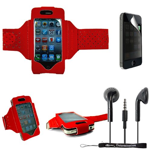 Extreme Sports Exercise Stretchy Red Armband with 8 Secure Adjustable Sizes from 11 inches up to 19 for Apple iPhone 4 , 4th Generation, 4th Gen compatible with 16GB / 32GB - HD Print + Includes a eBigValue (TM) Determination Hand Strap + Includes a Privacy Screen Protector for Apple iPhone 4, Provides 4-way privacy film (up, down, left, right) + Includes a Crystal Clear High Quality HD Noise Filter Earbuds Earphones Headphones 3.5mm Jack