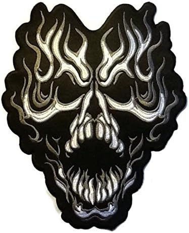 Large Size! Cool Embroidered Patch Applique Cloth Attached Adhesive Iron On/sew on Skull and Fire 9.5" X 12" Biker Chopper Jacket Jeans