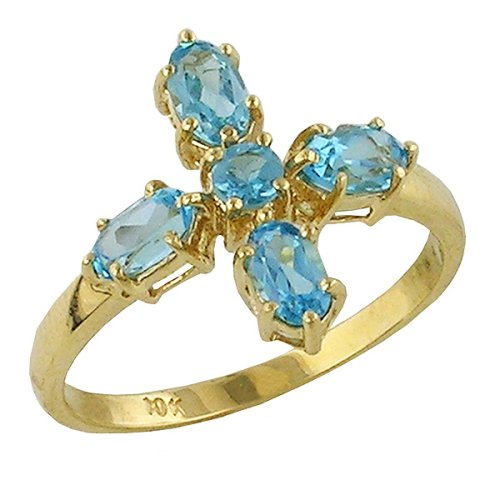 10K Yellow Gold Blue Topaz Gemstone Cross Ring - 7