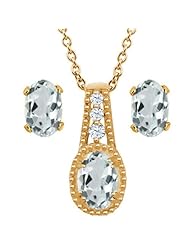 1.66 Ct Oval Sky Blue Aquamarine 14K Yellow Gold Pendant Earrings Set