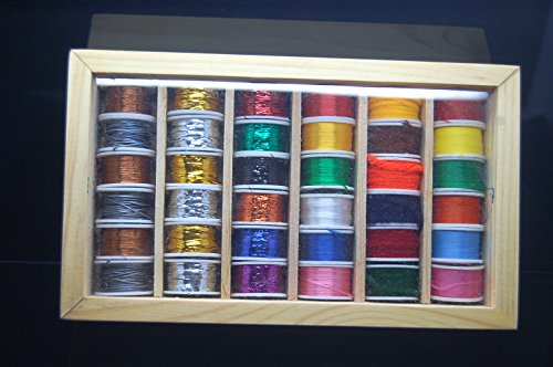 36 Fly Tying Spools Of Thread, Floss, Tinsel, Wool, Wires in a Wooden Box