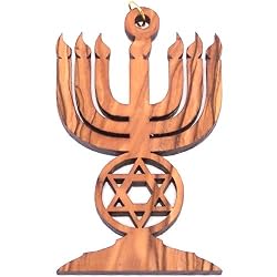 Olive Wood Menorah With Star Of David Ornament / Laser Large Pendant
