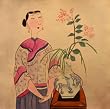 Watercolor Hand Painted Chinese Original painting - Woman in traditional dress with blue and white vase painted with deer (longevity symbols)