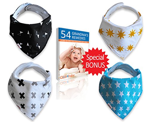 Baby Bandana Drool Bib, Unisex 4 Pack of Extra Absorbent 100% Organic Cotton, Baby Cute Gift Set for Boys and Girls, By Cool4Baby