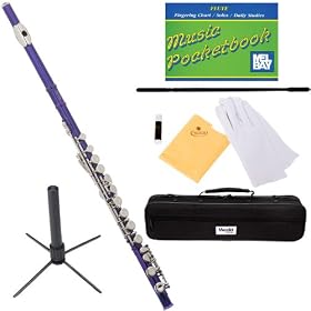 Mendini MFE-PL Key of C Purple Flute + Case, Stand, Cleaning Rod & Cloth, Joint Grease, & a Pair of Gloves