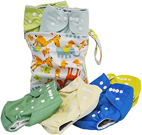 Pack of 6 Cloth Diapers, 6 Bamboo Charcoal Inserts and WetDry Bag, Baby Gift All in One Cloth Diaper Set (Sunshine Landscape)