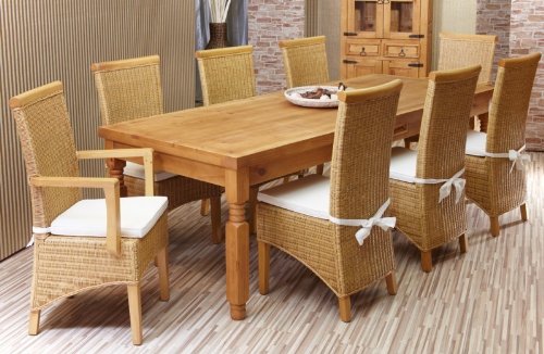 Esstisch 200cm Mexico mit 8 Rattan Stühlen massiv Pinie