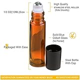 Rioa Roller Bottles 10ml 1/3 oz empty refillable Clear Elegant glass bottle with Metal Ball & Bkack Cap for mixing essential oils 100% No Hassle Lifetime Guarantee (Set of 6, Amber)