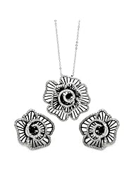 Nickel Free Sterling Silver Pendant & Earring Sets Black Rhodium Cubic Zirconia Flower Set