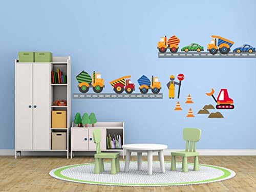 Wall Decal Nursery Patterned Construction Trucks, Roads Kids Room Peel &amp; Stick
