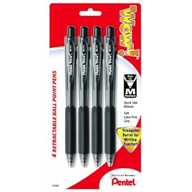 Pentel WOW! Retractable Ball Point Pen, Medium Line, Black Ink, 4 Pack (BK440BP4A)