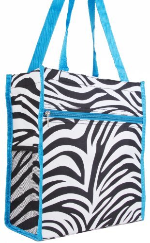 World Traveler Zebra Print Medium Travel Tote Bag, Black and White with Blue Trim