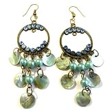 Boucles D'oreilles Pendantes En Nacre Veritable Et Strass Bleu Ciel