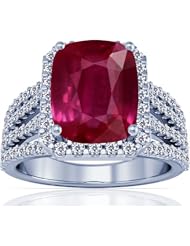 14K White Gold Cushion Cut Ruby Ring With Sidestones